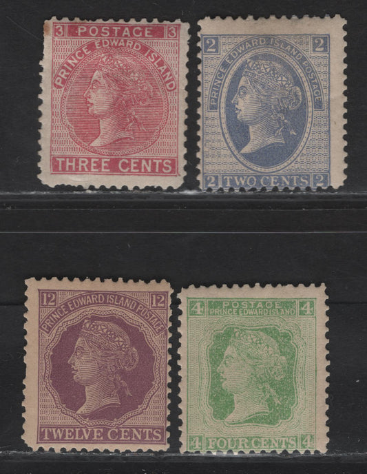 Lot 85 (C) PEI #12-14, 16 2c - 12c Ultramarine - Violet Queen Victoria, 1872 Cents Issue, 4 VG/FOG/NH Singles, Short Perfs On 3c