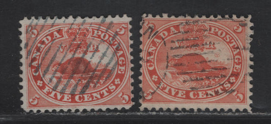 Lot 92 (C) Canada #15 5c Vermillion & Orange Vermillion Beaver, 1859-1864 Cents Issue, 2 Fine Used Singles, Perf 12, Cents-D Paper, One With Dot In C of Cents, One Without.