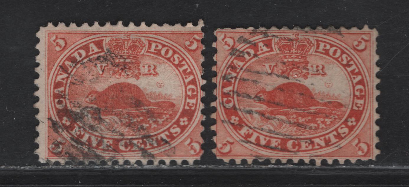 Lot 93 (C) Canada #15 5c Vermillion & Orange Vermillion Beaver, 1859-1864 Cents Issue, 2 Very Good/Fine Used Singles, Cents-D & Cents-S Papers, Perf 12