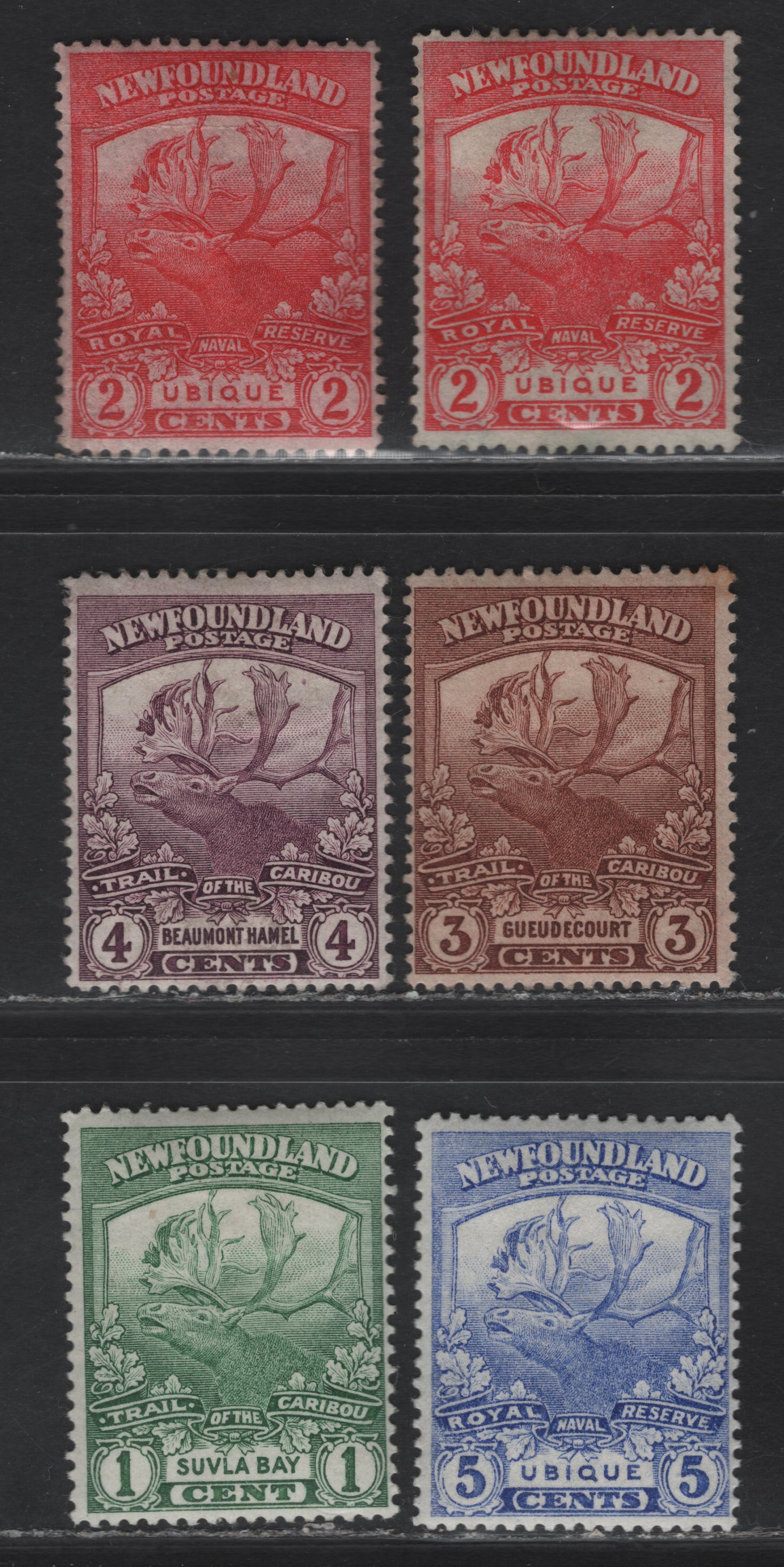 Lot 101 (C) Newfoundland #115-116b, 117b, 118-119 1c - 5c Green - Ultramarine Sulva Bay - Ubique, 1919 Trail of the Caribou Issue, 6 VG/FOG & Unused Singles, Paper WM-F, Various Perfs
