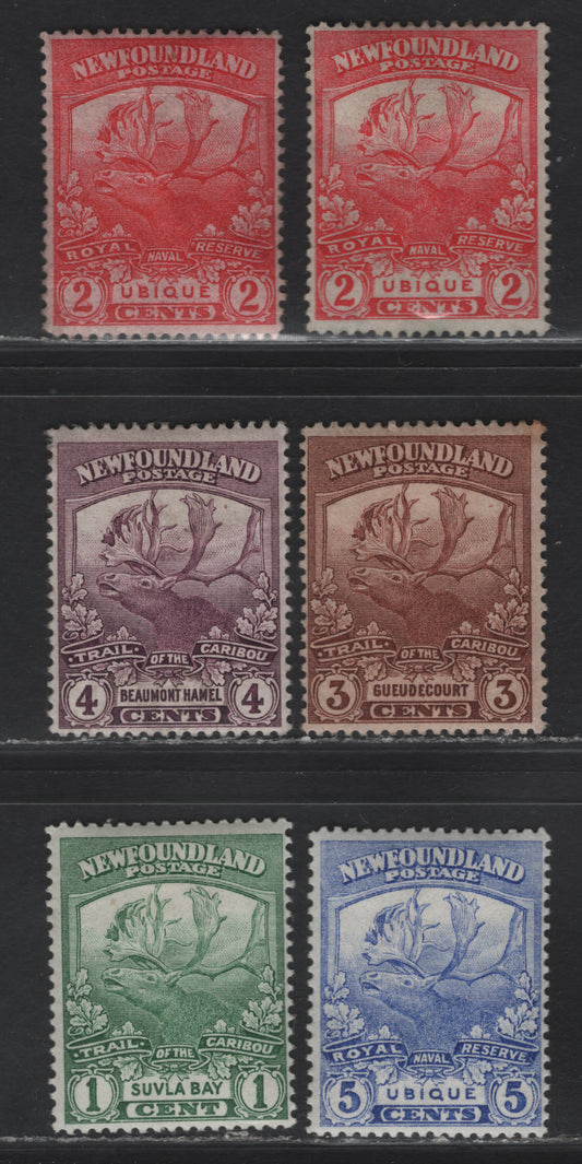 Lot 101 (C) Newfoundland #115-116b, 117b, 118-119 1c - 5c Green - Ultramarine Sulva Bay - Ubique, 1919 Trail of the Caribou Issue, 6 VG/FOG & Unused Singles, Paper WM-F, Various Perfs