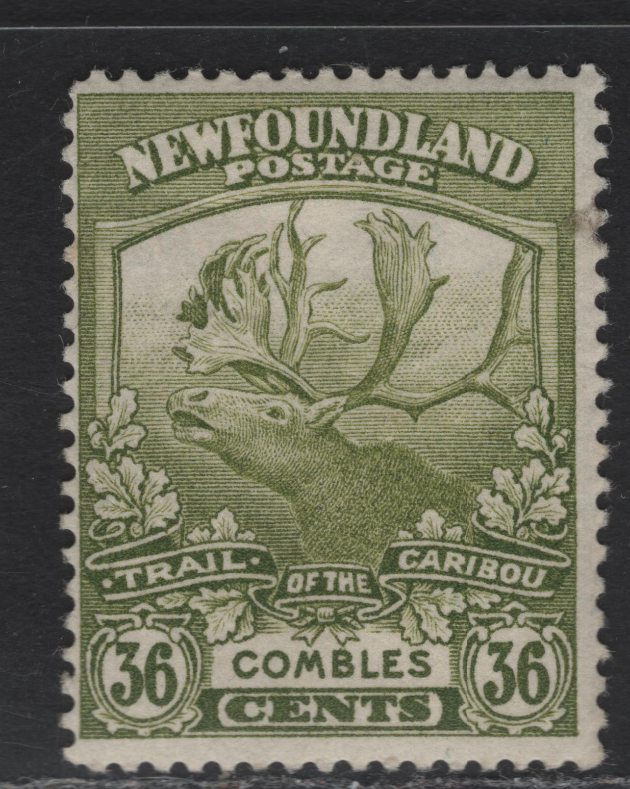 Lot 109 (C) Newfoundland #126 36c Olive Green Combles, 1919 Trail of the Caribou Issue, A FOG Single, Paper WM-F, Line Perf 14