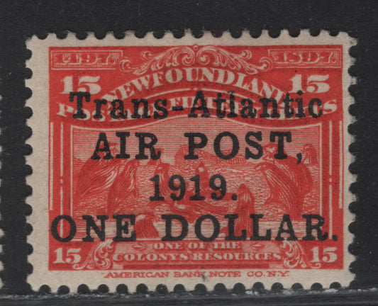 Lot 110 (C) Newfoundland #C2 $1 on 15c Scarlet Seals, 1919 Airmail Issue, A FOG Single, Perf 12