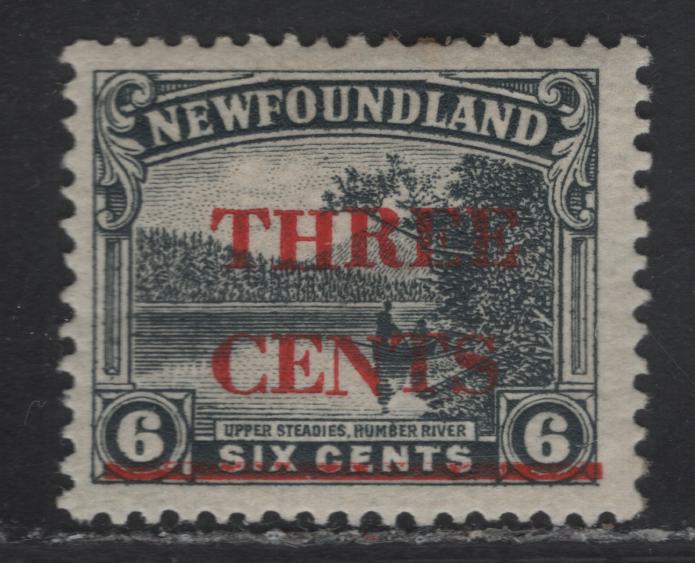 Lot 115 (C) Newfoundland #160iii 3c on 6c Gray Humber River, 1929 Surcharged Issue, A FOG Single, C of Cents Below The T of Three, Paper WM-I, Comb Perf 14x13.8.