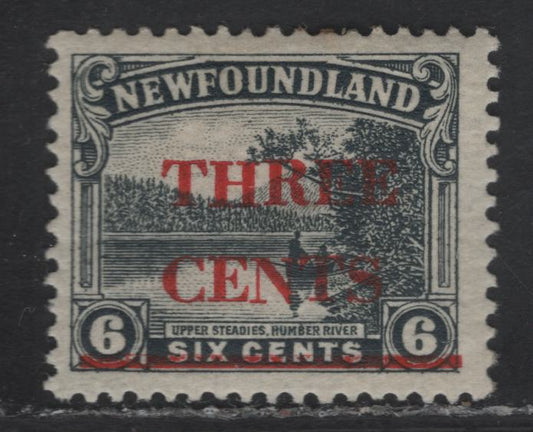Lot 115 (C) Newfoundland #160iii 3c on 6c Gray Humber River, 1929 Surcharged Issue, A FOG Single, C of Cents Below The T of Three, Paper WM-I, Comb Perf 14x13.8.
