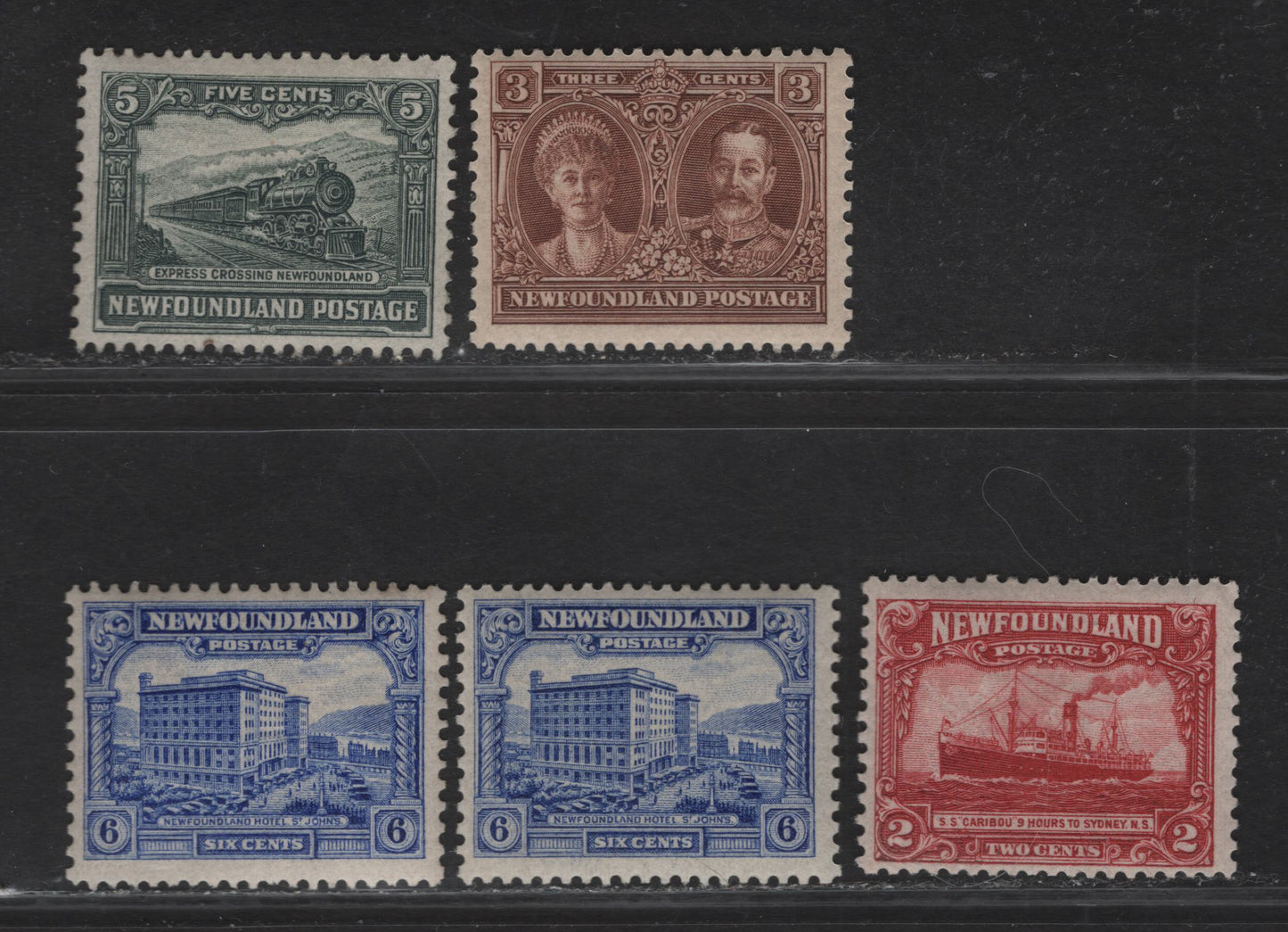 Lot 123 (C) Newfoundland #146-147, 149-150 2c - 6c Carmine - Ultramarine Steamship Caribou - (C) Newfoundland Hotel, 1928 Pictorial Issue, 5 FOG/NH Singles, Various Papers & Perfs