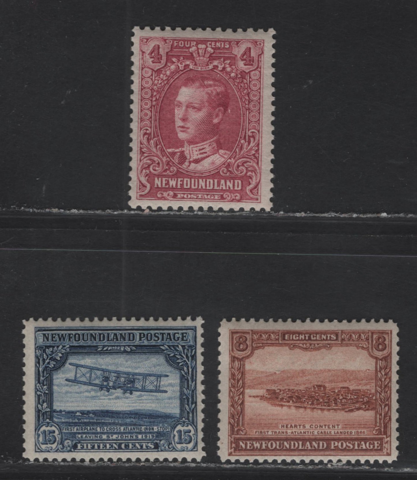 Lot 124 (C) Newfoundland #148, 151, 156 4c - 15c Lilac Rose- Dark Blue Prince of Wales - First Nonstop Transatlantic Flight, 1928 Pictorial Issue, 3 FNH Singles, WM-N (Comb Perf 12.75x13.6, 4c) & WM-G (Line Perf 14.1x13.8, Rest)