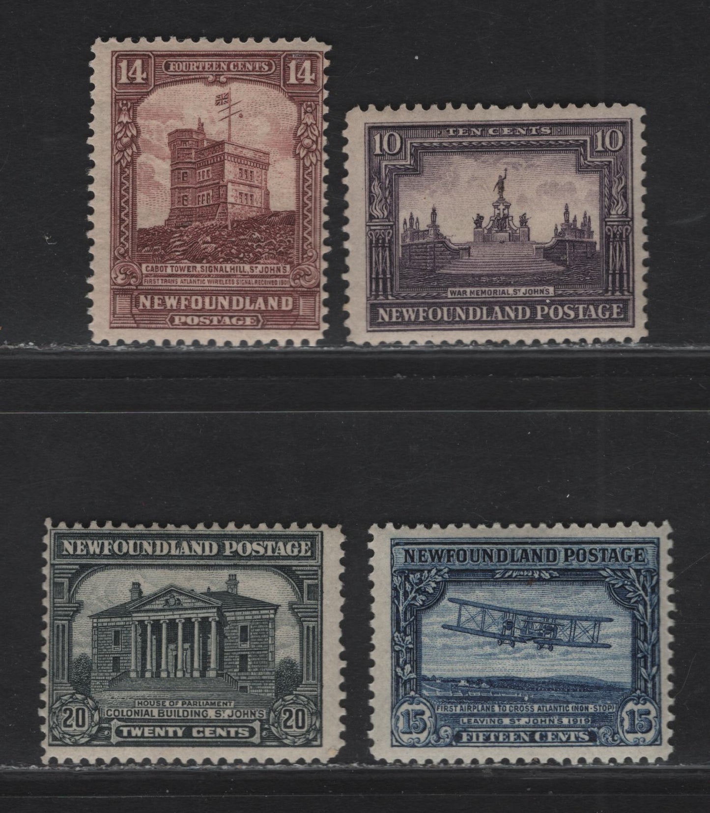 Lot 125 (C) Newfoundland #153, 155-157 10c - 20c Violet - Gray Black War Memorial - Colonial Building, 1928 Pictorial Issue, 4 FOG Singles, Various Papers & Perfs