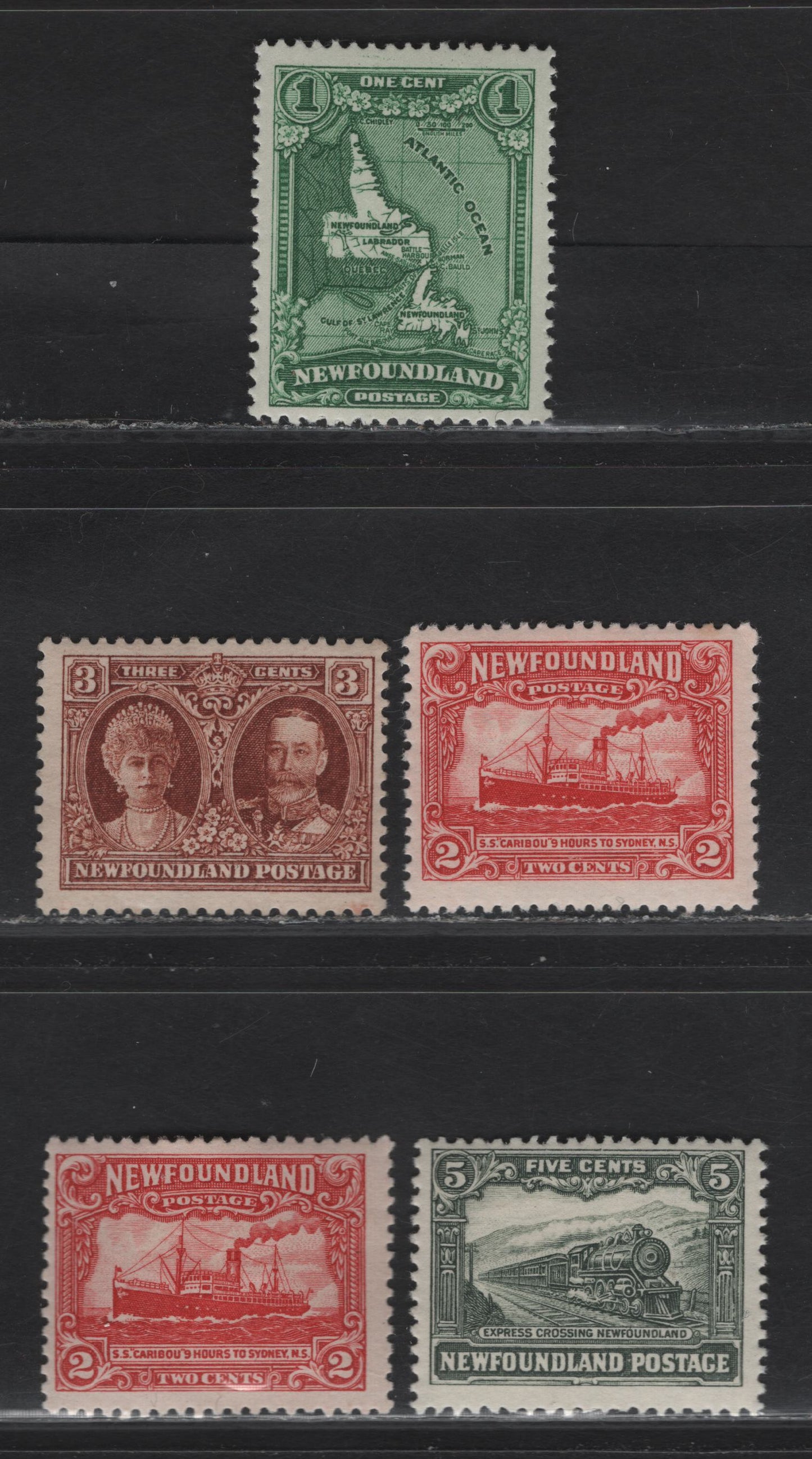 Lot 127 (C) Newfoundland #163-165, 167 1c - 5c Green - Slate Green Map of (C) Newfoundland - Express Train, 1929-1931 Re-Engraved Pictorial Issue, 5 FOG Singles, Line Perfs 14, 13.8x13.5 & Comb Perfs 13.7x13.5, 13.7x13.8 & 13.75x13.6