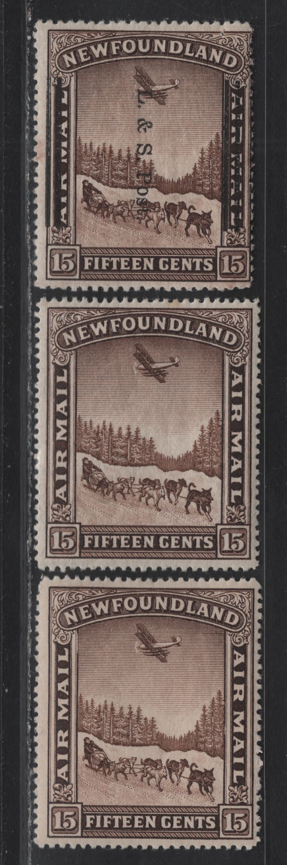 Lot 139 (C) Newfoundland #211var 15c Brown Dog Sled & Airplane, 1933 Land & Sea Post Overprinted Issue, 3 VGNH/F/VFOG Singles, Overprinted (Perf 14.1x13.8), Unwatermarked (14x14.1), Watermarked (14.2).