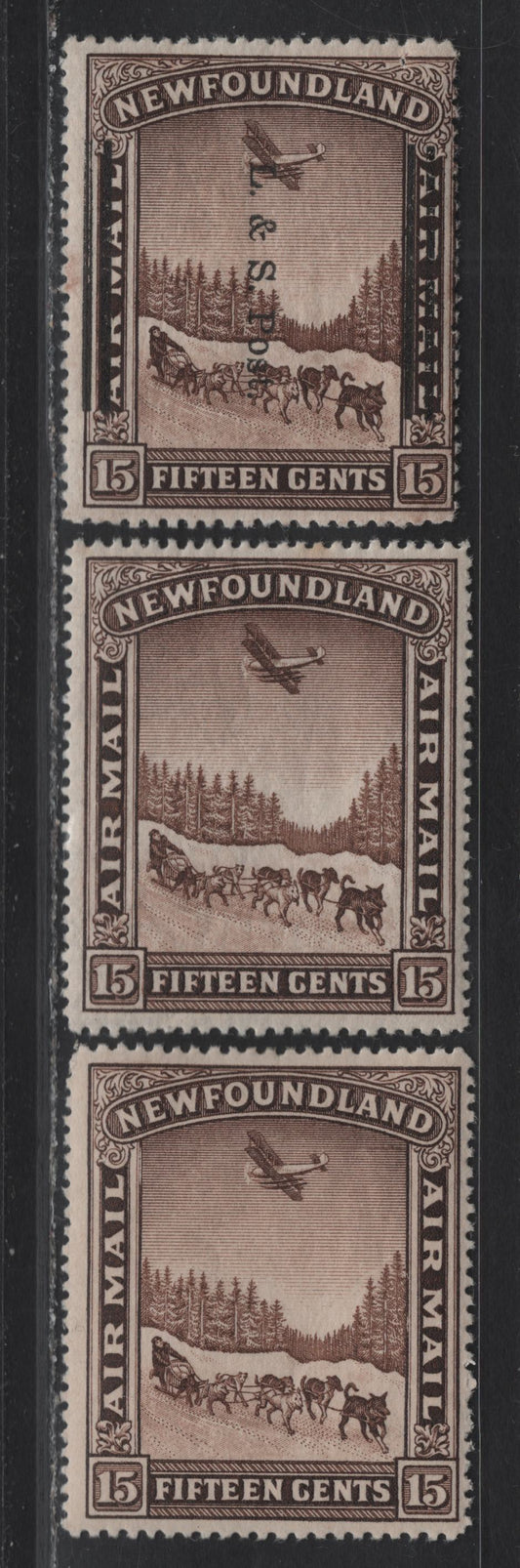Lot 139 (C) Newfoundland #211var 15c Brown Dog Sled & Airplane, 1933 Land & Sea Post Overprinted Issue, 3 VGNH/F/VFOG Singles, Overprinted (Perf 14.1x13.8), Unwatermarked (14x14.1), Watermarked (14.2).