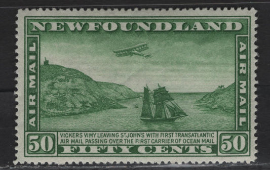 Lot 142 (C) Newfoundland #C10 50c Green Airplane & Packet Ship, 1931 Airmail Issue, A VFOG Single, Line Perf 14.2x14