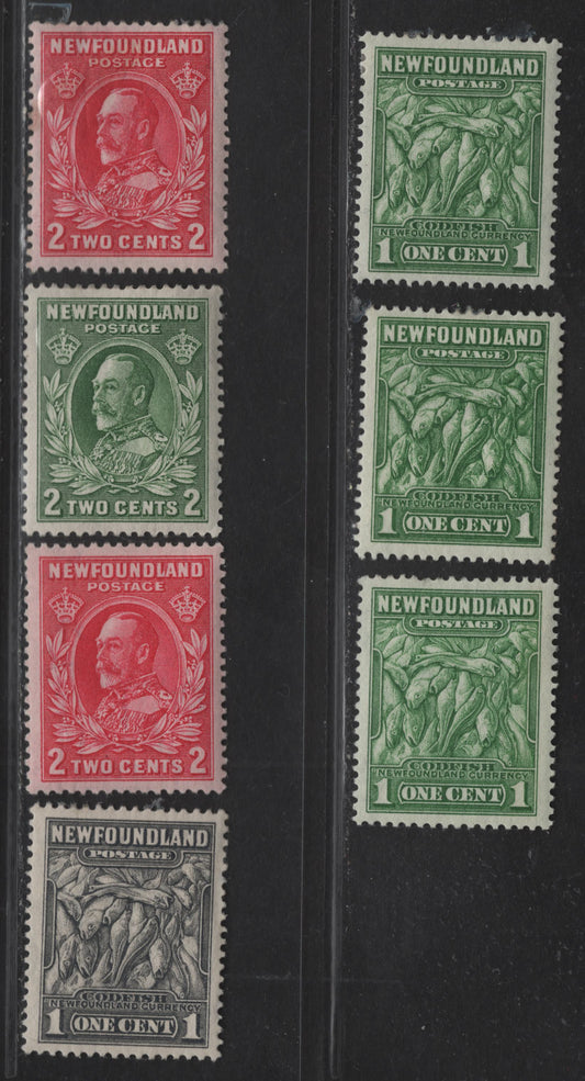 Lot 145 (C) Newfoundland #183-186 1c - 2c Green Codfish - King George V, 1932-1937 Definitive Issue, 7 VFOG Singles, Various Comb Perfs