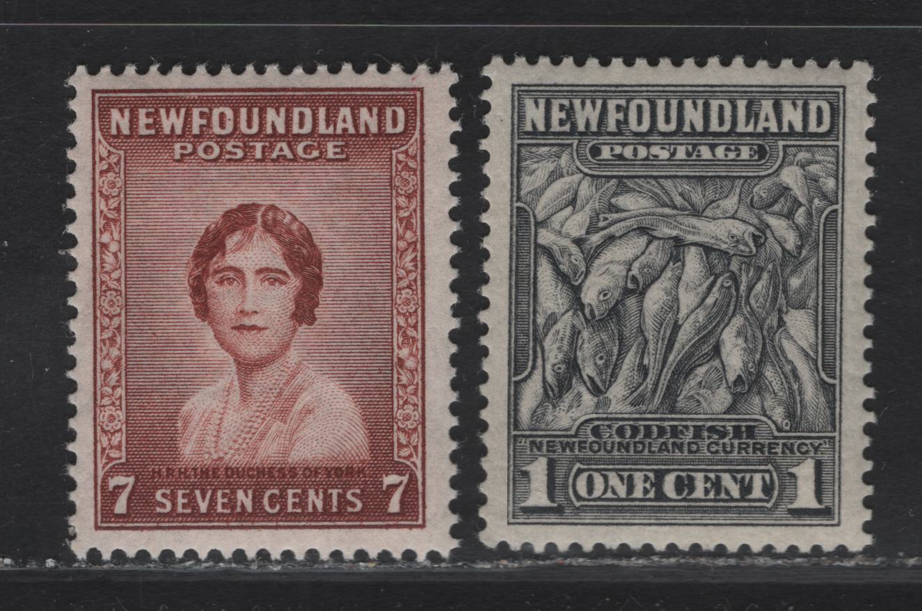 Lot 148 (C) Newfoundland #184, 208 1c - 7c Gray Black - Red Brown Codfish - Duchess of York, 1932-1937 Definitive Issue, 2 VFNH Singles