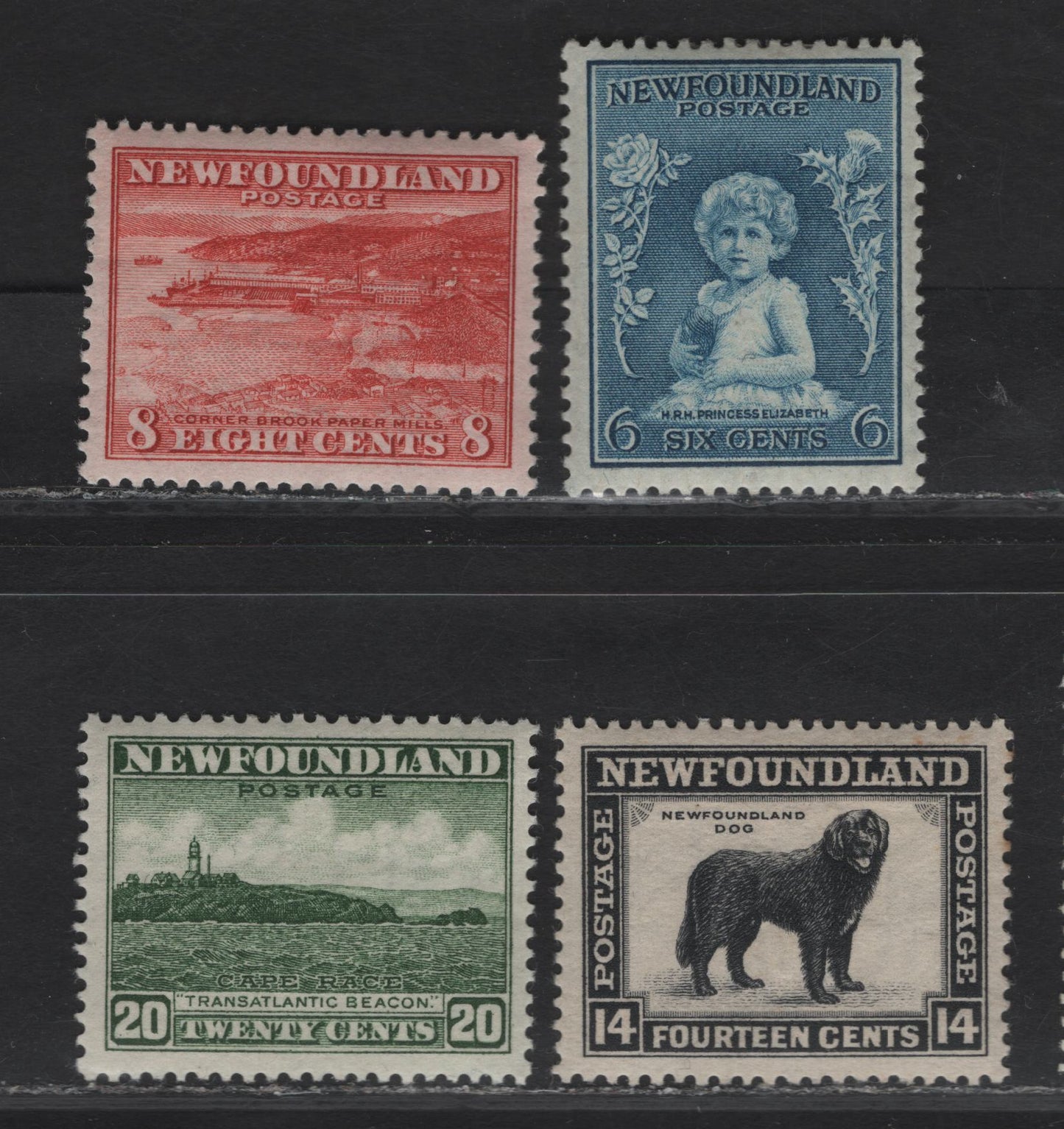 Lot 149 (C) Newfoundland #192, 194, 196, 209 6c - 8c Dull Blue - Orange Red Princess Elizabeth - Corner Brook Paper Mill, 1932-1937 Definitive Issue, 4 VFOG Singles