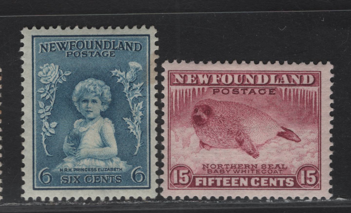 Lot 150 (C) Newfoundland #192, 195 6c - 15c Dull Blue - Magenta Princess Elizabeth -  Harp Seal Pup, 1932-1937 Definitive Issue, 2 FOG Singles