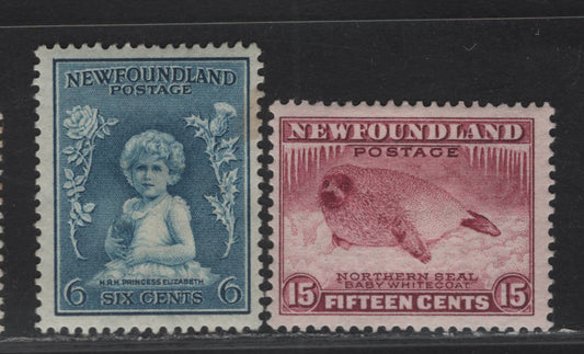 Lot 150 (C) Newfoundland #192, 195 6c - 15c Dull Blue - Magenta Princess Elizabeth -  Harp Seal Pup, 1932-1937 Definitive Issue, 2 FOG Singles