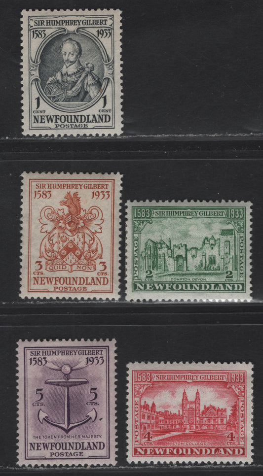 Lot 158 (C) Newfoundland #212-216 1c - 5c Gray Black - Deep Rose Lilac Sir Humphrey Gilbert - Token From Queen Elizabeth I, 1933 Sir Humphrey Gilbert Issue, 5 VFOG Singles