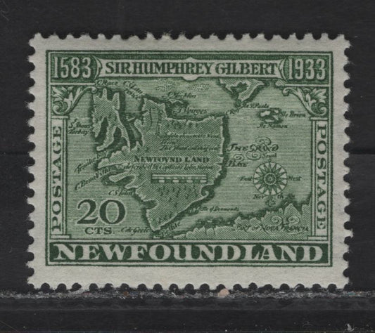 Lot 161 (C) Newfoundland #223 20c Deep Green Map of (C) Newfoundland, 1933 Sir Humphrey Gilbert Issue, A VFOG Single, Comb Perf 13.5