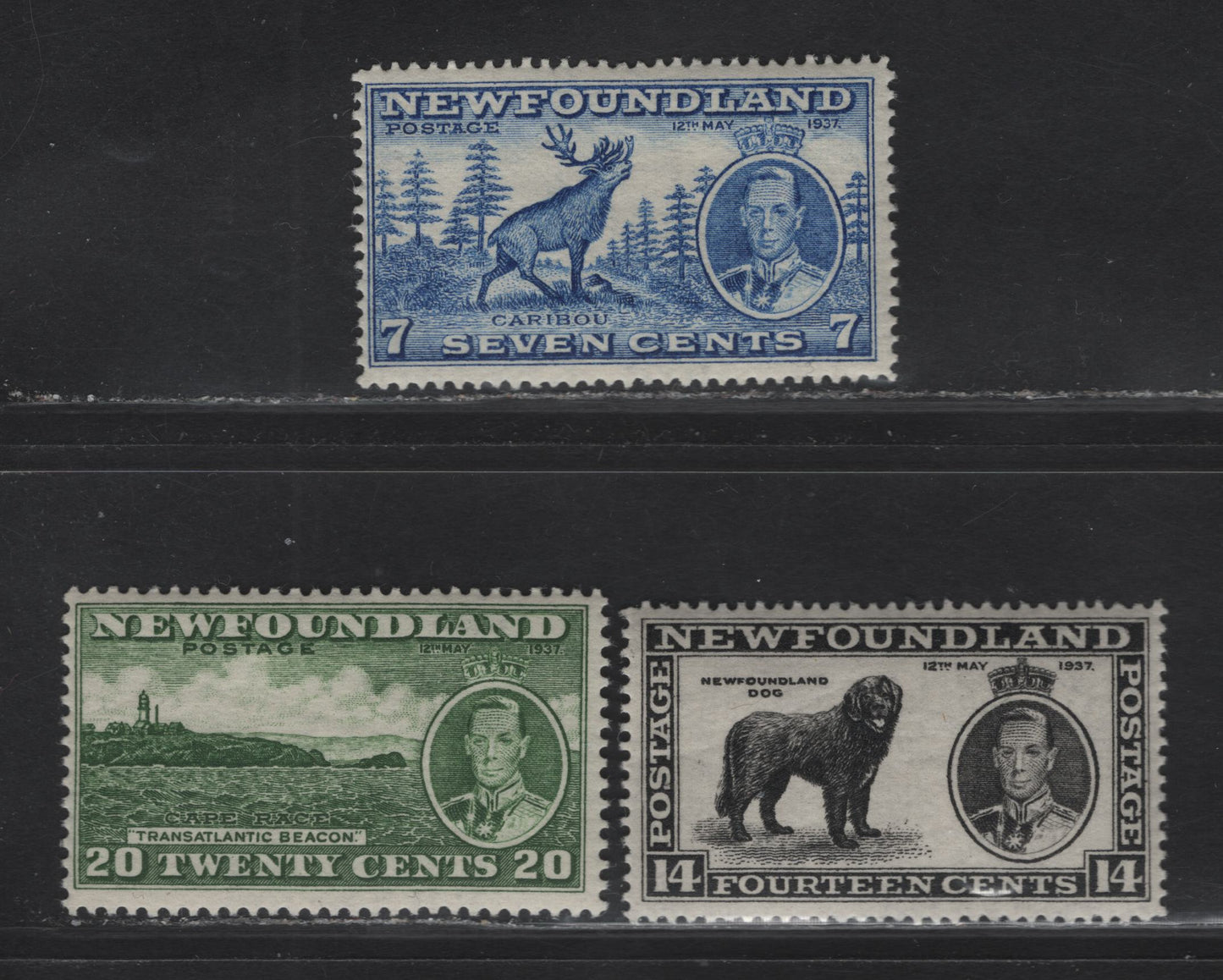 Lot 167 (C) Newfoundland #235, 238, 240b 7c - 20c Ultramarine - Bronze Green Caribou - Cape Race, 1937 Long Coronation Issue, 3 FOG Singles, Line Perfs 14.25 (7c & 14c) and Comb Perf 13.4x13.3 (20c)