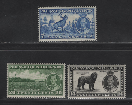 Lot 167 (C) Newfoundland #235, 238, 240b 7c - 20c Ultramarine - Bronze Green Caribou - Cape Race, 1937 Long Coronation Issue, 3 FOG Singles, Line Perfs 14.25 (7c & 14c) and Comb Perf 13.4x13.3 (20c)