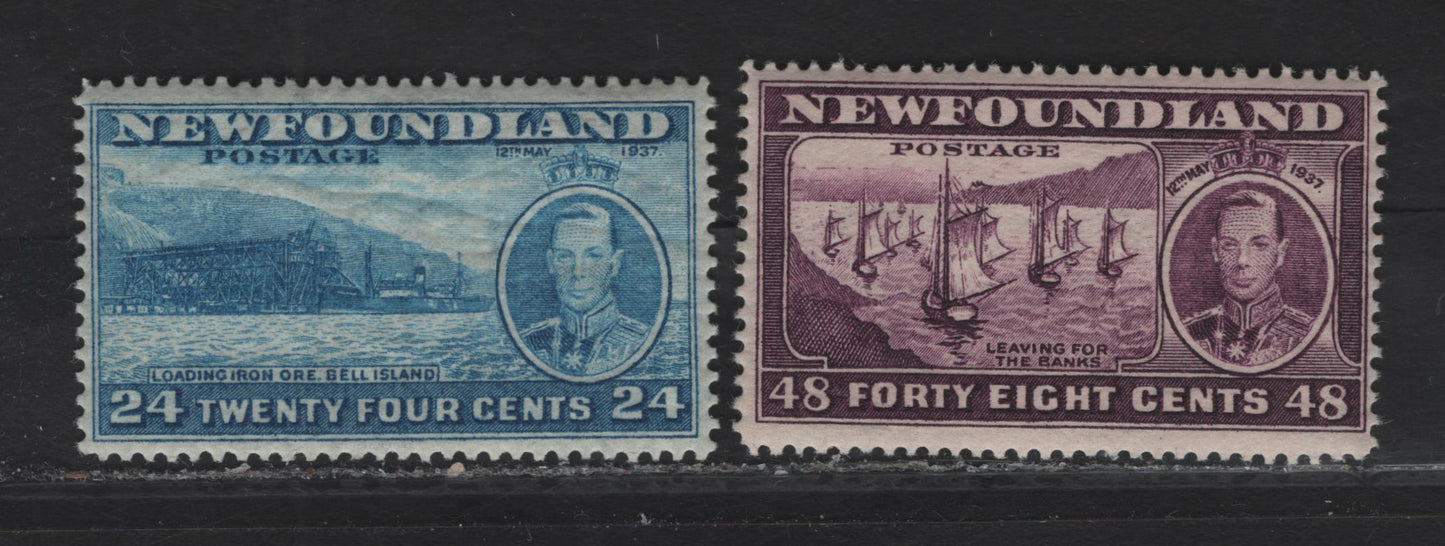 Lot 169 (C) Newfoundland #241, 243 24c - 48c Prussian Blue - Slate Purple Loading Ore - Fishing Fleet, 1937 Long Coronation Issue, 2 VFNH Singles, Line Perf 13.8 & 14.25
