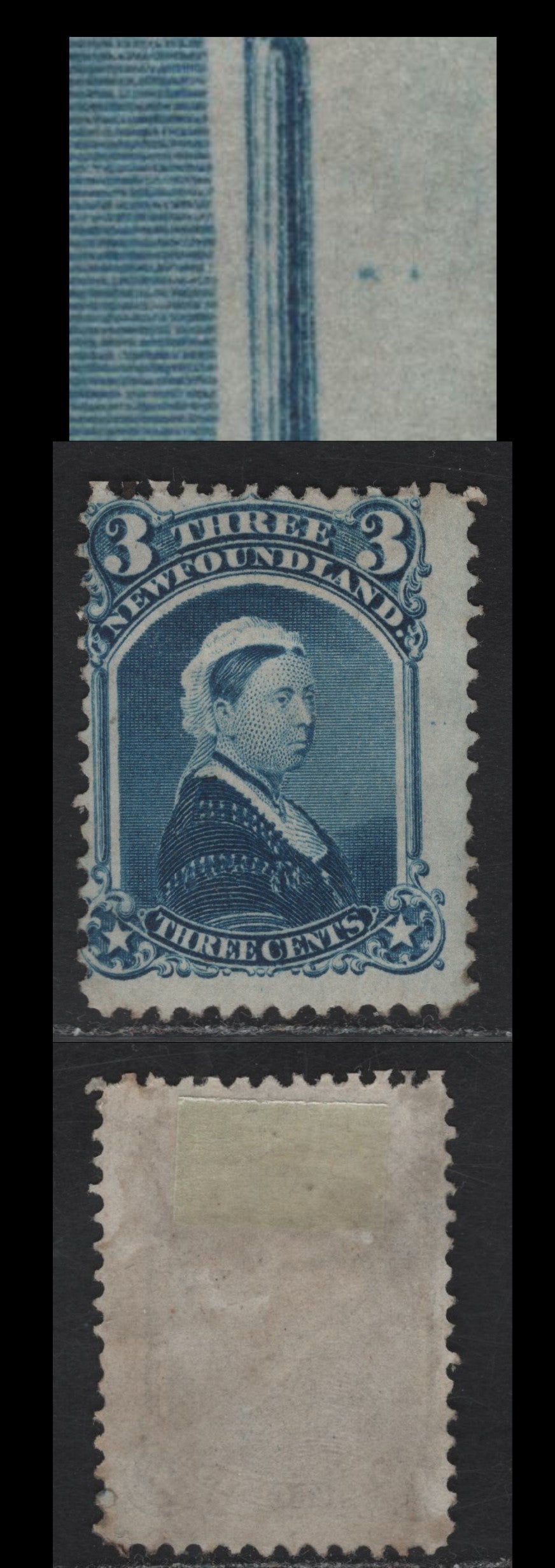 Lot 16 (C) Newfoundland #34var 3c Dark Blue Queen Victoria, 1868-1894 2nd Cents Issue, A Fine Used Single, Showing Two Guide Dots In Margin, Paper Cents-BB, Perf 12.