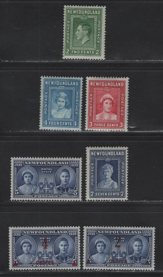 Lot 170 (C) Newfoundland #245-251 2c - 4c on 5c Green - Violet Blue King George VI - Queen Elizabeth & King George VI, 1938-1939 Royal Family - Surcharge Issues, 7 F/VFOG Singles , ,