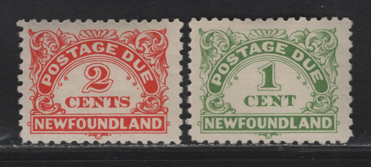 Lot 171 (C) Newfoundland #J1a, J2 1c - 3c Green - Vermillion Numerals, 1939 Postage Dues, 2 VFOG Singles Perf 10-10.5, ,
