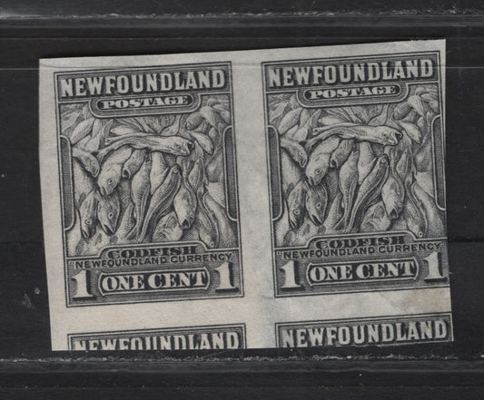 Lot 174 (C) Newfoundland #184c 1c Gray Black Codfish, 1932-1937 Definitive Issue, A VFPOG Imperf Pair, Perkins Bacon Printing, 20.4mm Wide, Right Stamp Significantly Thinned & Cut in Left Stamp, Sound, But Significant Gum Loss.