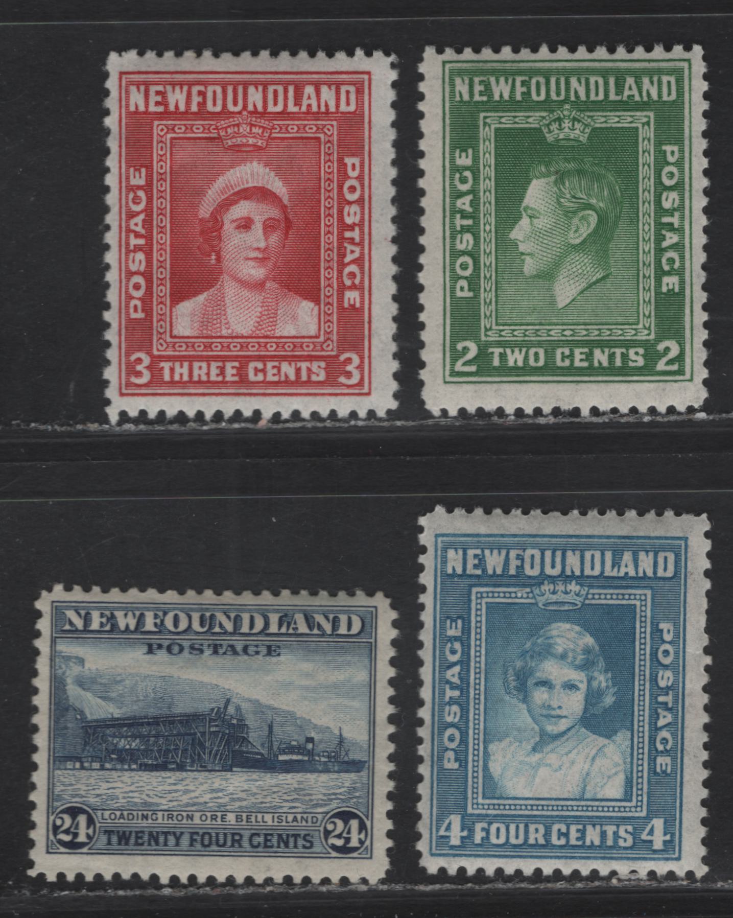 Lot 175 (C) Newfoundland #254-256, 264 2c - 24c Green - Deep Blue King George VI - Loading Ore, 1941-1944 Re-Issued Waterlow Printing Issue, 4 FNH Singles