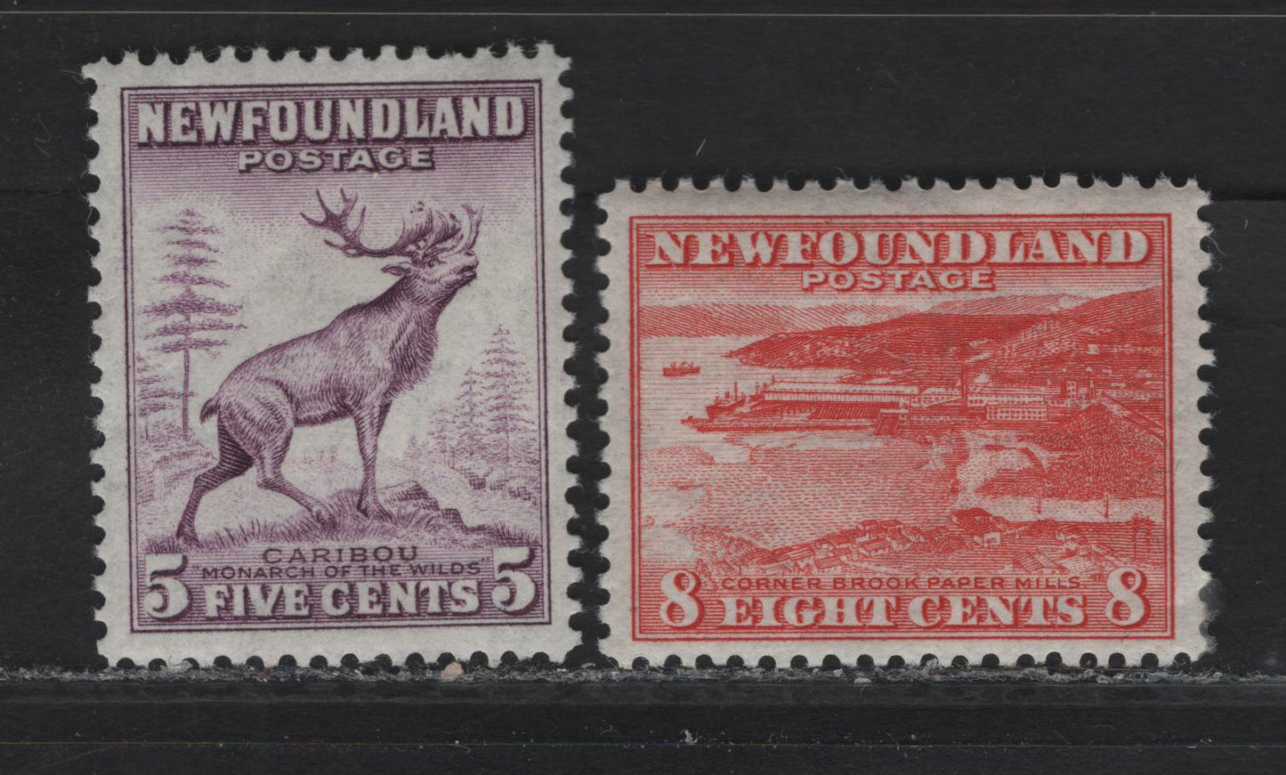 Lot 177 (C) Newfoundland #257, 259 5c - 8c Violet - Red Caribou - Corner Brook Paper Mill, 1941-1944 Re-Issued Waterlow Printing Issue, 2 VFOG Singles, Perf 12.5