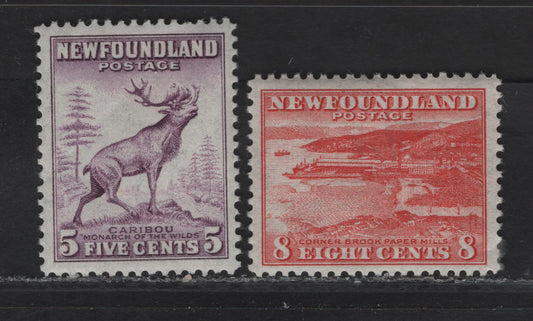 Lot 177 (C) Newfoundland #257, 259 5c - 8c Violet - Red Caribou - Corner Brook Paper Mill, 1941-1944 Re-Issued Waterlow Printing Issue, 2 VFOG Singles, Perf 12.5