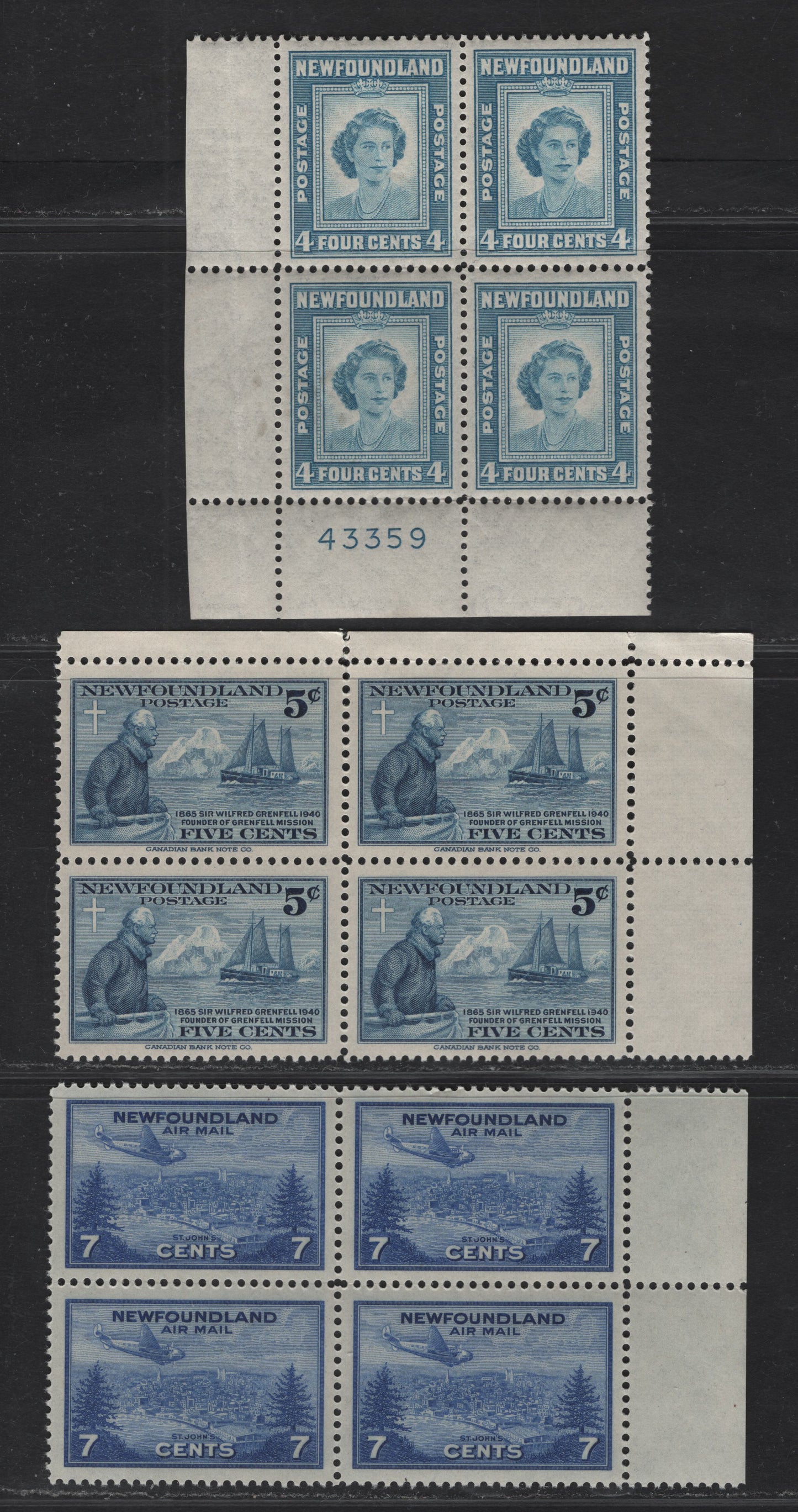 Lot 178 (C) Newfoundland #252, 269, C19 5c - 7c Blue - Ultramarine Grenfell & Strathcona II - View of Saint John's, 1933-1947 Airmail - Birthday Issues, 3 VFNH Corner Blocks Of 4