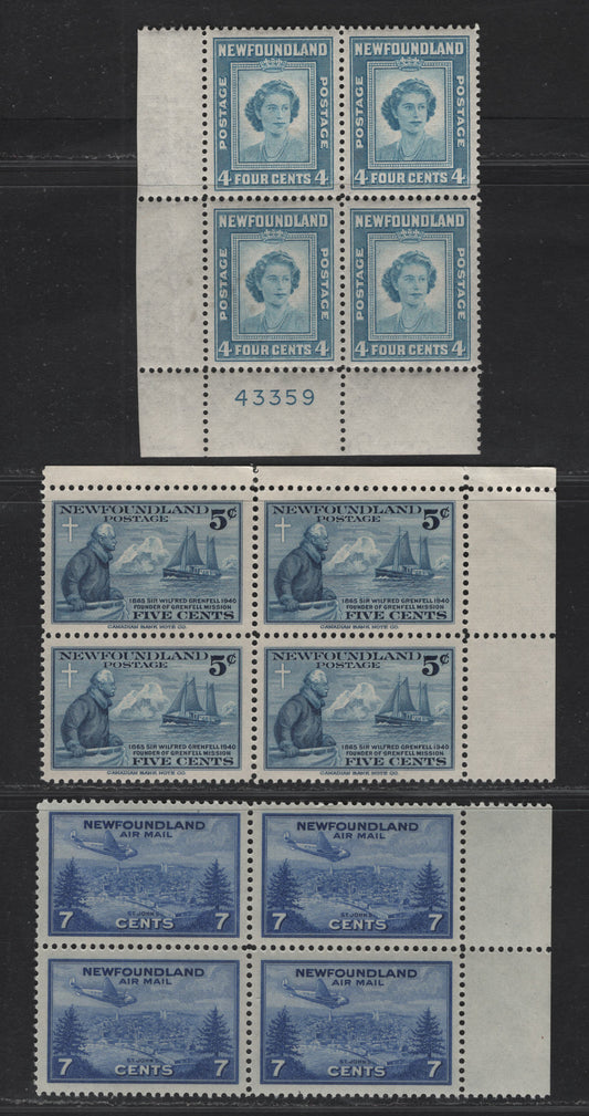 Lot 178 (C) Newfoundland #252, 269, C19 5c - 7c Blue - Ultramarine Grenfell & Strathcona II - View of Saint John's, 1933-1947 Airmail - Birthday Issues, 3 VFNH Corner Blocks Of 4