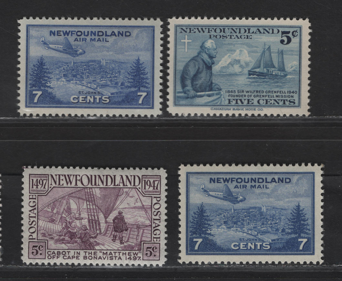 Lot 179 (C) Newfoundland #252, 270, C19 5c - 7c Blue - Violet Blue Grenfell & Strathcona II - View of Saint John's, 1933-1947 Airmail - Cabot Issues, 4 VFNH Singles, The Violet Blue Shade of the 7c Airmail Is Scarcer