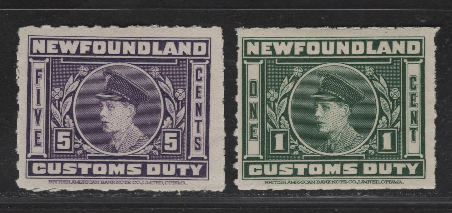 Lot 182 (C) Newfoundland Van Dam#NFC1, NFC3 1c - 5c Green - Violet Edward VIII, 1925 Custom Duty Issue, 2 F/VFOG Singles