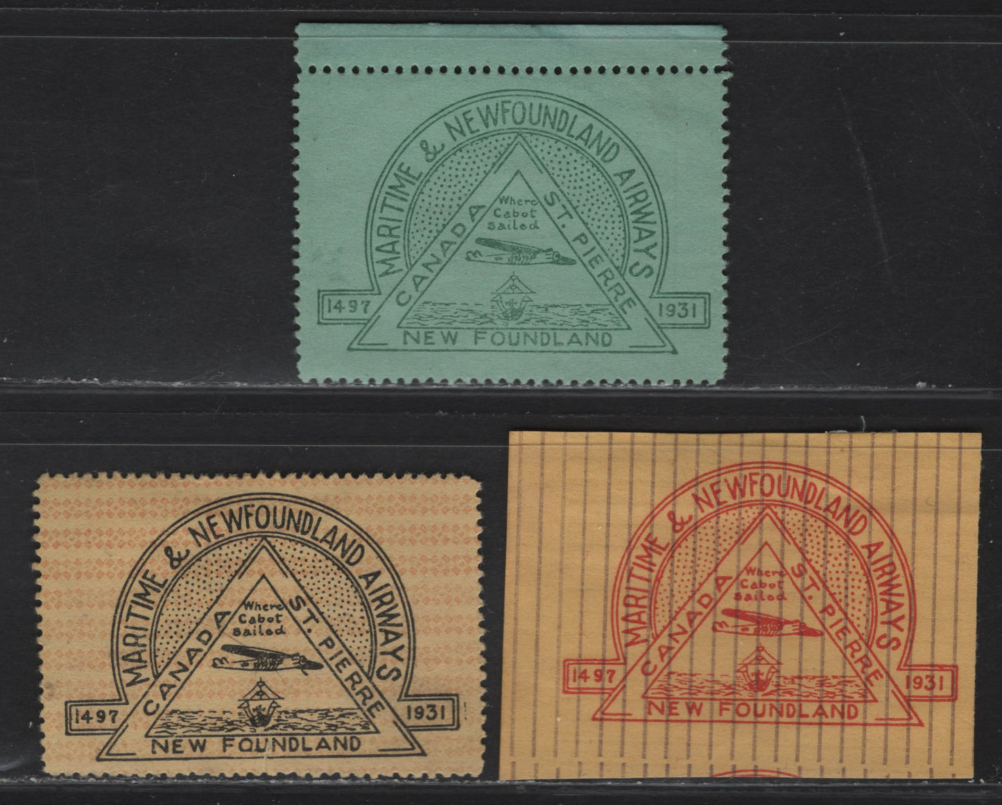 Lot 184 (C) Newfoundland Cinderellas, 1931 Maritime & (C) Newfoundland Airways Cinderella Labels, 3 Very Good/Very Fine/Extremely Fine Unused Singles, Types 12, 16 & 11