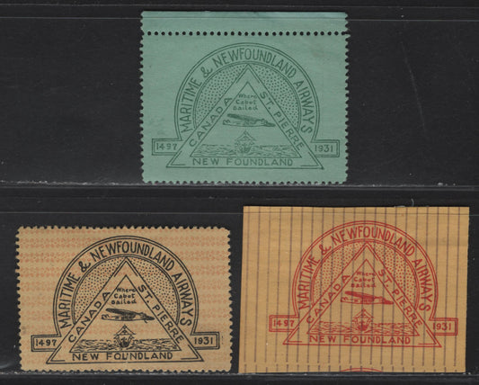 Lot 184 (C) Newfoundland Cinderellas, 1931 Maritime & (C) Newfoundland Airways Cinderella Labels, 3 Very Good/Very Fine/Extremely Fine Unused Singles, Types 12, 16 & 11