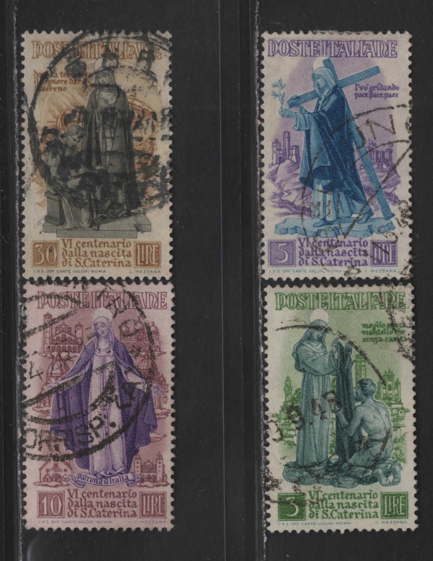 Lot 186 Italy SC#489-492 3l - 30l Yellow Green & Gray Green - Bistre & Gray Brown St Catherine, 1948 600th Birth Anniv of St Catherine Issue, 4 Very Fine Used Singles, Cancel on 30L is Smudgy But Likely Good