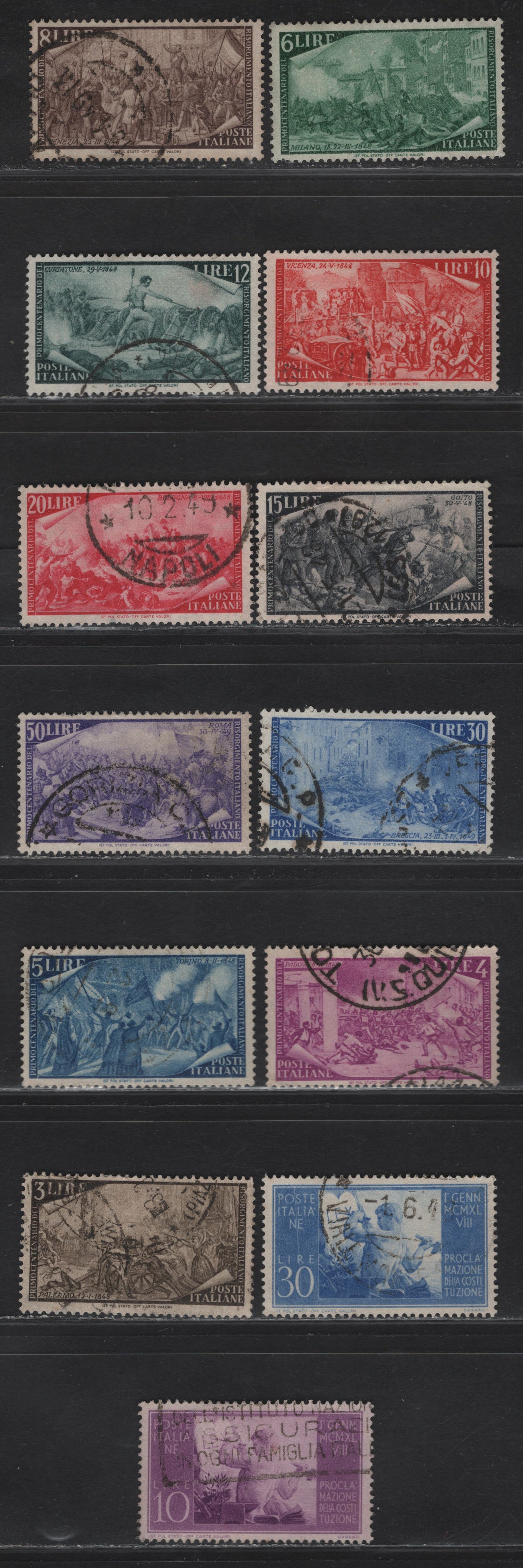 Lot 189 Italy SC#493-505 10l - 50l Rose Violet - Violet Constitutional Govt - Death of Goffredo Mameli, 1948 Proclamation of Constitution - Centenary of Risorgimento Uprisings Issue, 13 Very Fine Used Singles