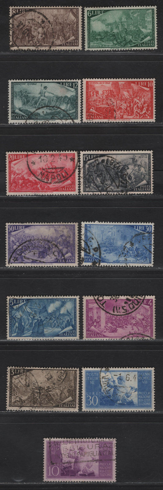 Lot 189 Italy SC#493-505 10l - 50l Rose Violet - Violet Constitutional Govt - Death of Goffredo Mameli, 1948 Proclamation of Constitution - Centenary of Risorgimento Uprisings Issue, 13 Very Fine Used Singles
