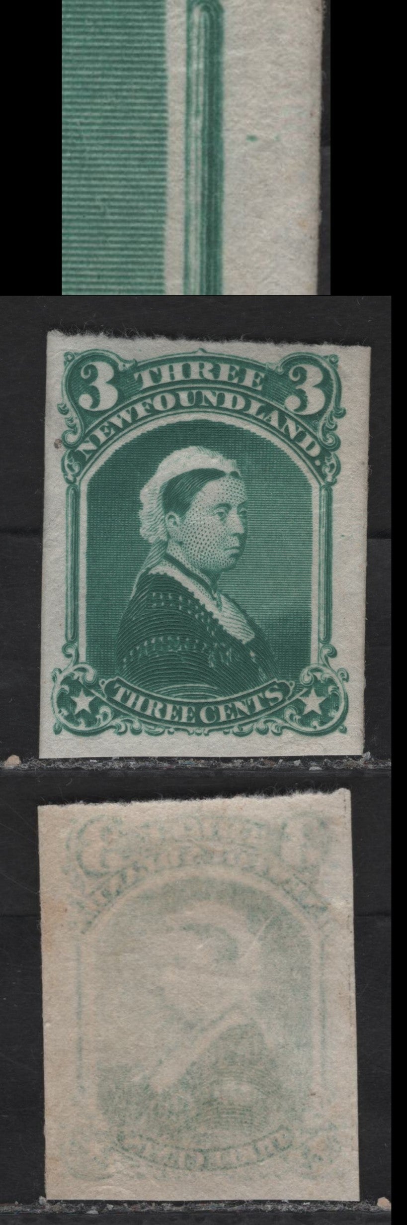 Lot 18 (C) Newfoundland #33TCvii 3c Blue Green Queen Victoria, 1868-1894 2nd Cents Issue, A Very Fine Unused Single, White Wove Paper, Trial Color Proof, No Gum as Printed, Shows Two Guide Dots In Margin
