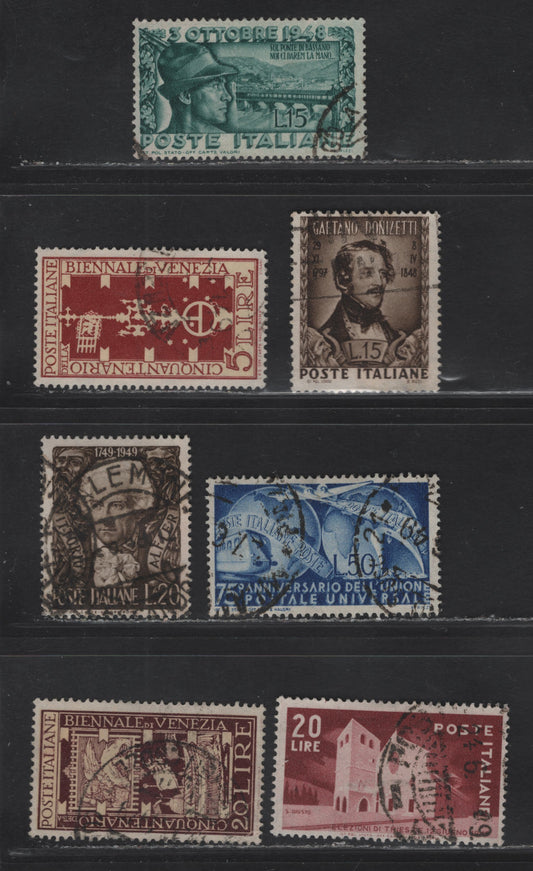 Lot 190 Italy SC#507-508, 510, 512, 514, 520-521 15l - 20l Dark Green - Brown Red Bassano Bridge - Basilica of St Just, 1948-1949 Re-Opening Of Bridge - Trieste Election Issues, 7 Fine/Very Fine Used Singles, Postally Used With Dated Cancels
