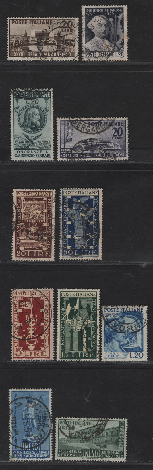 Lot 192 Italy SC#510-513, 529-534, 537 5l - 20l Red Brown - Gray Green Standard of Doges of Venice - Perseus, 1949-1950 Biennial Art Exhibition - Ferrari Issue, 11 Fine/Very Fine Used Singles