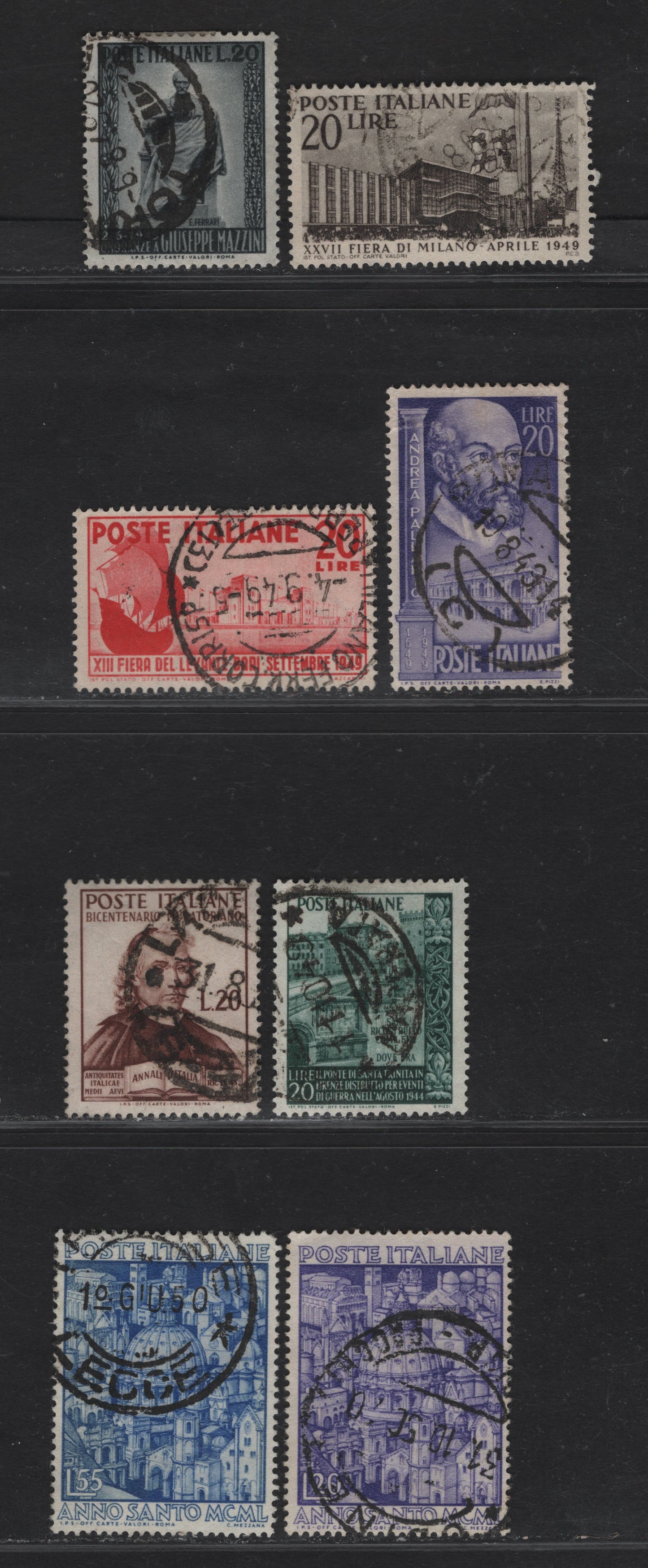 Lot 193 Italy SC#509, 519, 524-525, 528, 540, 535-536 20l- 55l Dark Brown - Blue Fair Buildings - Italian Cathedrals, 1949-1950 27th Milan Trade Fair - Holy Year Issue, 8 Fine/Very Fine Used Singles