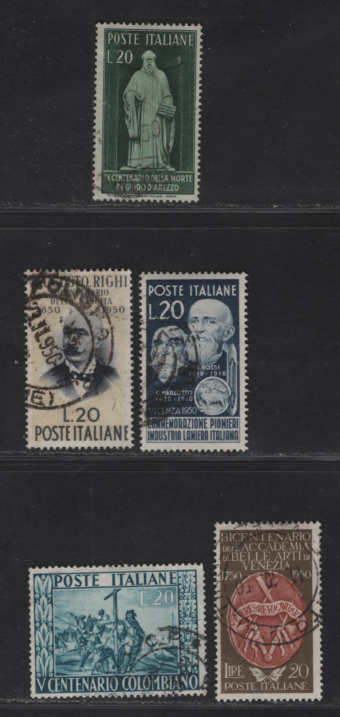 Lot 194 Italy SC#541, 543, 547-548, 578 20l- 55l Dark Green - Prussian Green Guido d'Arezzo - Landing of Columbus, 1950-1951 900th Death Anniv of Guido D'Arezzo - 500th Birth Anniv of Columbus Issues, 5 Fine/Very Fine Used Singles