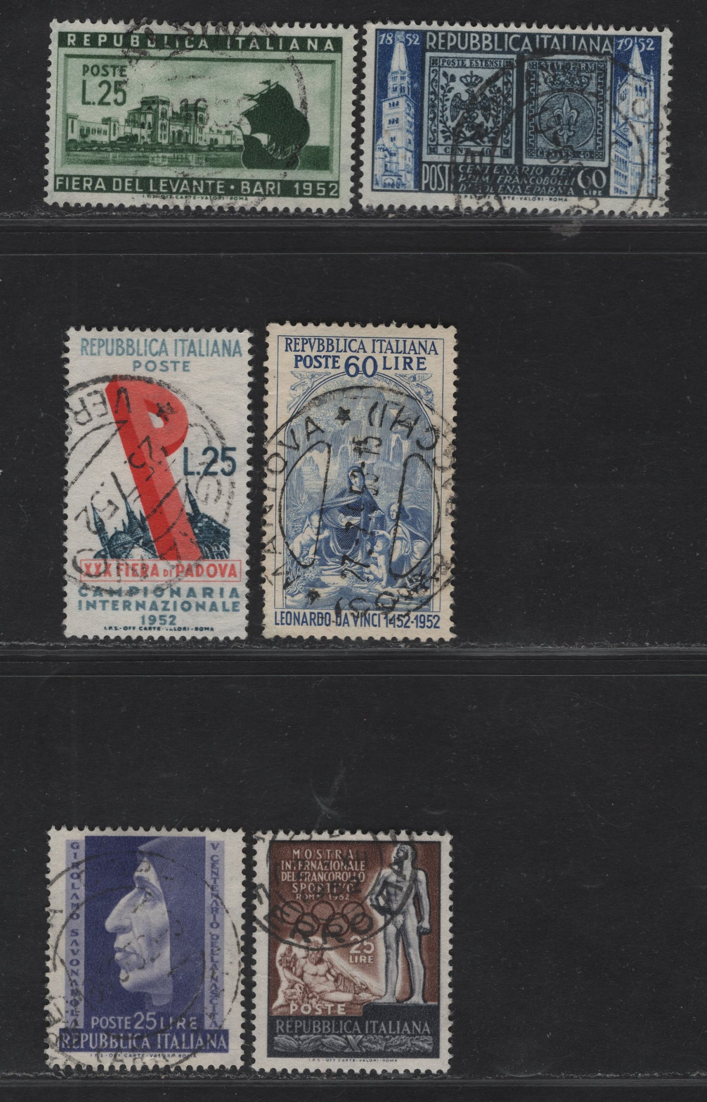 Lot 199 Italy SC#599, 601A, 603, 606, 608-609 25l Brown & Slate Black - Purple Statues of Athlete & River God Tiber - Girolamo Savonarola, 1952 Intl Exhibition of Sports - 500th Birth Anniv of Girolamo Savonarola Issues, 6 Very Fine Used Singles