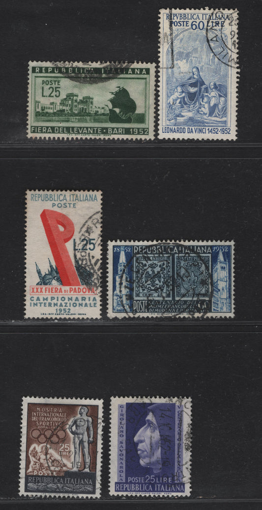 Lot 200 Italy SC#599, 601A, 603, 606, 608-609 25l Brown & Slate Black - Purple Statues of Athlete & River God Tiber - Girolamo Savonarola, 1952 Exhibition of Sports - 500th Birth Anniv of Girolamo Savonarola Issues, 6 Fine/Very Fine Used Singles