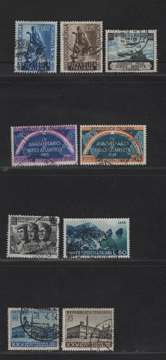 Lot 202 Italy SC#614-615, 635-638, 646-648 25l - 60l Black & Dark Brown - Blue & Ultramarine Sailor, Soldier & Navigator - Lateran Palace, 1952-1954 Armed Forces Day - Signing of Lateran Pacts Issues, 9 Fine/Very Fine Used Singles